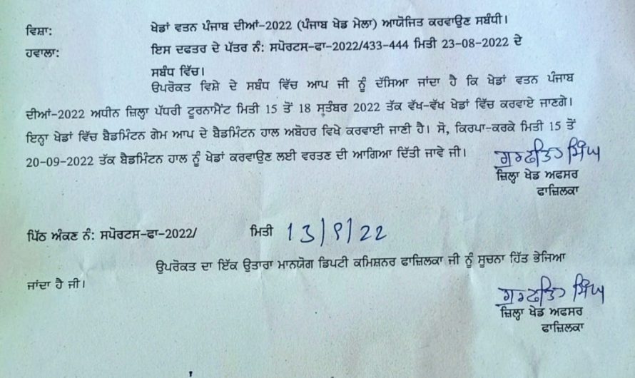 Notice of Allowing Badminton Hall for Khed Watan Diya 2022 Badminton Tournament