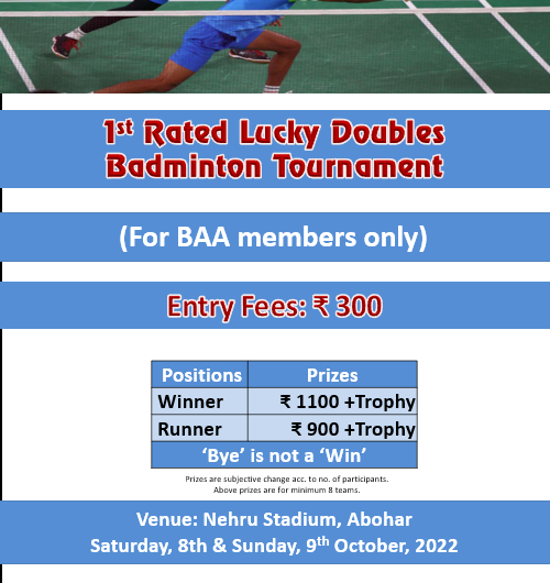 1st Rated Lucky Doubles (8th & 9th Oct, 2022)